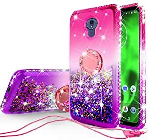 Galaxy Wireless Moto G7 Power Case,Moto G7 Supra Case Ring Stand Glitter Liquid Quicksand Waterfall Floating Sparkle Shiny Bling Diamond Girls Cute Shock Proof Phone Case Cover, Hot Pink/Blue