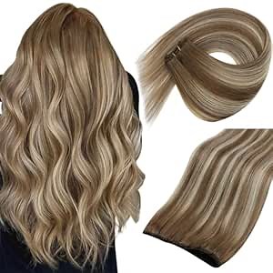 Sunny Hair Micro Beaded Hair Weft Extensions Human Hair Brown Balayage Micro Weft Hair Extensions Human Hair Ombre Micro Link Hair Extension Wefts Light Brown Mix Platinum Blonde 20inch 50g