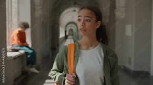 Hispanic sad upset frustrated woman student walking in college university corridor hall girl female friend meeting talking supporting calming girls students hugging friendship help care problem school