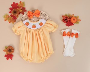 Halloween Romper,smocked Pumpkin Bubble in Yellow,toddler Girls Clothing,heirloom Embroidered Romper, Thanksgiving, Fall Outfit, Fall Romper - Etsy