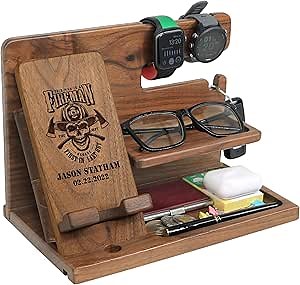 Personalized Firefighter Gifts for Men, Women - Wood Phone Docking Station, Nightstand Organizer, Gift Ideas for Special Anniversary, Birthday, Wedding, for Firefighters, Firefighter