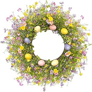 Artificial Easter Wreaths for Front Door 22 Inch Egg Wreath Easter Floral Wreath with Eggs Wild Flowers Berry for Farmhouse Indoors Outside Window Porch Wall