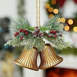 Gold Christmas Bells,VUSKLY Christmas Bells Decor with Jute Hanging Rope Rustic Bells Metal Gold Bells for Christmas Tree Wearth Door Decorations, 7.5''x3.5''x9.5''H,Gold