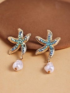 Starfish Crystal Pearl Drop Earrings, Gold Alloy Ocean Jewelry, Gift for Her. - Etsy