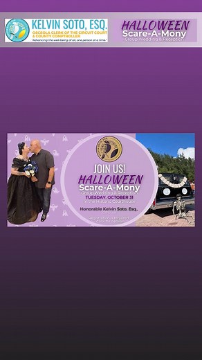 Join Kelvin Soto, Esq., Osceola Clerk of the Circuit Court & County Comptroller for a Spooktacular Evening of ‘I Dos’ at its 2nd Annual Halloween Group Wedding ‘Scare-A-Mony’ and Reception! This ‘enchanted’ event guarantees an unforgettable experience for 25 lucky couples. #OsceolaClerk #Scaramony | Positively Osceola | Facebook