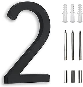 7 Inch Address Numbers for Houses, Modern House Numbers for Outside Street Metal Black Large Door Numbers on Floating Mount Zinc Alloy Black Number 2