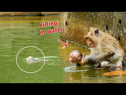 Bad monkey killing orphan baby monkey in the pool
