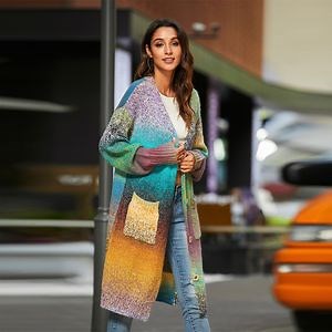 [Hot Item] Autumn Winter Women Long Knit Rainbow Print Loose Sweater Cardigan