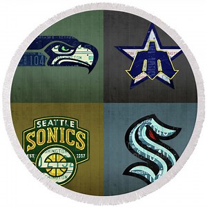 Seattle Sports Teams Seahawks Mariners Sonics Kraken Recycled Washington State License Plate Art Round Beach Towel by Design Turnpike