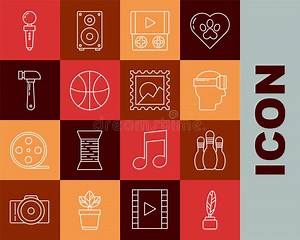 Set Line Feather and Inkwell, Bowling Pin, Virtual Reality Glasses, Portable Video Game Console, Basketball Ball, Hammer Stock Vector - Illustration of tone, color: 249791543