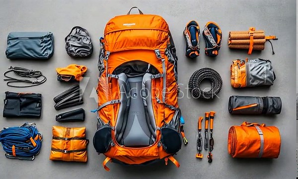 Flat lay of an orange Deuter backpack and assorted hiking and camping gear.