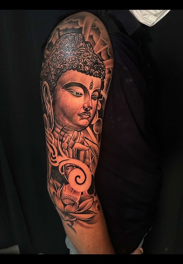 Buddha Tattoo Upper Arm Sleeve Design Ideas