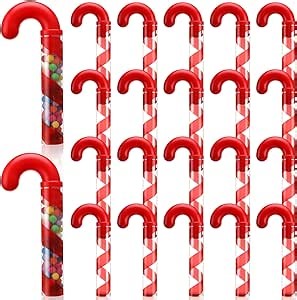 Rtteri 20 Pcs Christmas Candy Cane Shaped Tube Containers Clear Plastic Christmas Party Supplies Transparent Empty Candy Cane Tubes with Red Topper for Chocolate Butter
