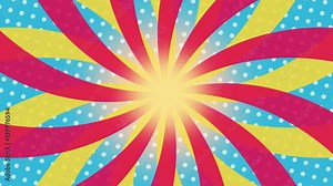 Red, Yellow And blue Kaleidoscopic Abstract Pattern background loop for your logo or text. animated background of rotating beams colorful cartoon retro pinwheel, hypnotic swirl, vintage sunburst