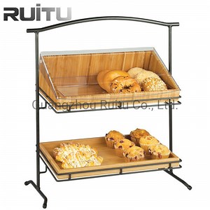[Hot Item] Catering Equipment & Catering Supplies 2 Tier Wooden Food Shelf Rack Stand Oak Patisserie Buffet Wood Bread Display Case