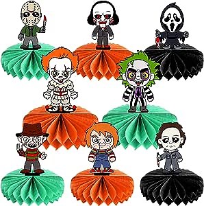 8PCS Horror Movie Themed Honeycomb Centerpieces Halloween Horror Movie Classic Character Table Topper Signs Scary Joker Paper Centerpiece Signs for Halloween Party Supplies Decorations