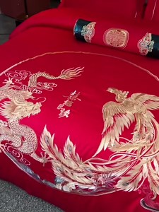 Chinese Wedding Duvet Cover Luxury Double Happiness Embroidery Chinese Red Wedding Duvet Cover 100s Long-Staple Cotton Embroider Wedding Bedding(Color 15 Queen,6PC/Set)