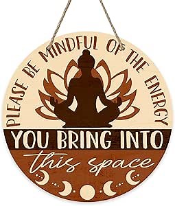 Positive Energy Buddha Front Door Sign, Meditation Room Zen Den Wood Door Hanger Decor, Spiritual Wooden Wreath Indoor Yoga Studio Spa Therapy Wall Hanging Decoration Meditation Accessories Gifts