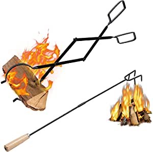 Fire Pit Poker and Log Grabber Fireplace Tongs Outdoor Fire Pit Tool Kits, Firepit Tools Set for Outside Campfire, Camping, Wood Stove, Black Steel