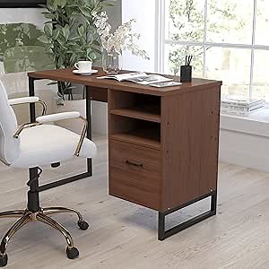 Merrick Lane Brighton Computer Desk with Storage - Contemporary Rustic Wood Grain Computer Desk - Classic Black Frame Writing Desk with Shelving and Drawer
