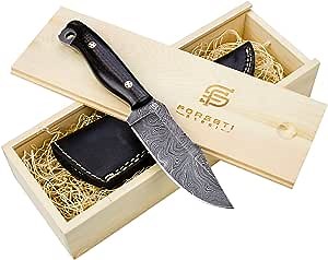Forseti Steel Becknell Handmade Damascus Steel Hunting Knife – 9” Full Tang Fixed Blade with G10 Handle and Hand-Stitched Leather Sheath