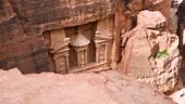 Aerial view of the beautiful Al Khazneh with tourists admiring it...