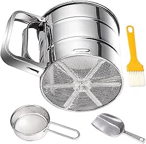 Flour Sifter, Stainless Steel Flour Cup Sifter for Baking, Fine Mesh Sieve, Double Loop Powder Sugar Shaker Duster, Kitchen Handheld Baking Sifter with Flour Spoon and Brush