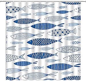 Fish Shower Curtain Abstract Fish Cartoon Ocean Animal Vintage Oriental Tropical Fish Beach Sea Nautical Marine Life Colorful Polyester Fabric Bathroom Decor Curtain with Hooks