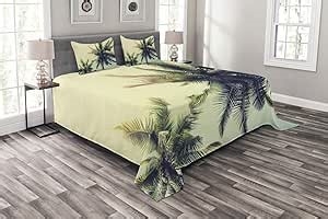 Ambesonne Palm Tree Bedspread Set, Coconut Trees on Tropical Beach Caribbean Coastline Ocean Summer, 3 Piece Decorative Bedding Coverlet and 2 Pillow Shams, King Size, Pale Yellow Green Brown