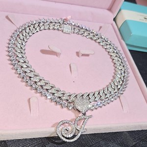 Iced Out Cuban Link Chain: Custom Initial Heart Pendant, Pink Tennis Choker - Etsy