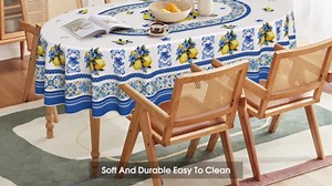 Horaldaily Summer Tablecloth 60×84 Inch Rectangular, Vintage Classical Lemons Jasmine Leaves Blue Yellow Washable Seasonal Table Cover for Party Picnic Dinner Decor