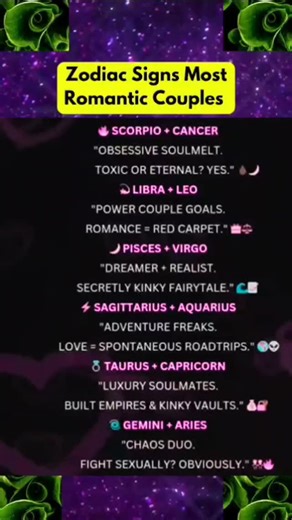 Zodiac Signs Most Romantic Couples 💞 Discover the most romantic zodiac duos who share unbreakable love, deep passion, and true soulmate energy ❤️🔥 Watch till the end for your sign! #ZodiacSigns #AstrologyFacts #LoveCompatibility #RomanticCouples #Soulmates #HoroscopeLove #AstroVibes #ZodiacLovers #RelationshipGoals #AstrologyReels #viralreels | Zodiac Signs Hub