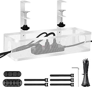 Under Desk Cable Management Tray - Cable Management Under Desk No Drill - Wire Management Under Desk - Desk Cable Management Box for Office Home - No Damage to Desk (White)