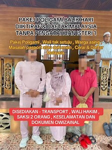 Pakej nikah siam balik hari , spacialist untuk yang nak berpoligami , Ada masalah pasport , wali tak setuju atau wali hilang , Warga asing Pakej sudah termasuk transport, wali hakim , saksi 2 orang serta dokumen orizainal dapat pada hari yang sama Pakej nikah siam yang bang min sediakan boleh didaftarkan di Malaysia .. Jangan risau tak susah pon , bang min akan selalu bersama anda sampai selesai .. nikah dan daftar malaysia spacialist untuk yang nak poligami memang ini lah pakej nye tq ..Untuk b