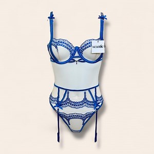 Royal Blue Lace Lingerie Set – Four-piece Bra, Garter Belt, and Sheer Panty, Thigh Straps, Gift for Her - Etsy