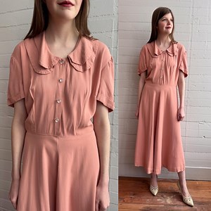 1940s 40s Pink Mauve Rose Colored Tea-length Dress With Glass Buttons - L/XL - Etsy