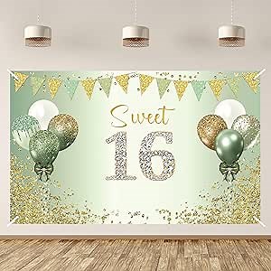 Sage Green 16th Birthday Banner & Backdrop - Happy Sweet 16 Decorations for Girls/Boys, Sage Green 16th Birthday Party Supplies