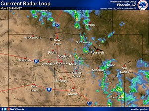 Radar Update March 18, 2024 415pm: Showers and storms are now developing generally along a line from Fountain Hills to Apache Junction and Gold Canyon. Some stronger storms will produce brief heavy rain, pea size hail and wind gusts to 40 mph. Also expect gusty easterly outflow winds to push into the valley late this afternoon. | US National Weather Service Phoenix Arizona