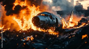 Dramatic and Devastating Crash of Aircraft in Flames A Fiery and Chaotic Scene of Total Destruction and Havoc