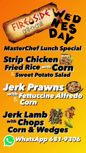 WEDNESDAY MASTERCHEF LUNCH Strip Chicken Fried Rice Ripe Salad and Corn Jerk Pawns with Fettuccine and Corn Jerk Lamb Grilled Corn & Wedges OUTDOOR DINING AVAILABLE 11AM-11PM 🌴 WhatsApp 681-9306 to RESERVE . 📍139 Garnett Street Kitty Georgetown ☎️ 592-681-9306 ⏰ Mon-Sun 11AM-9:30PM 🛵 Pick-Up/Delivery Available 🍴Outdoor Dining 📣#firesidegrill592 #guyana #visitguyana #discoverguyana #guyananice #southamerica #firesidegrill #firesidegrillguyana Whatsapp 681-9306 📲 Delivery 627-0737🛵 Whatsapp
