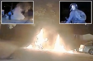 Video shows a suspect's backpack full of gasoline burst into flames when he's tased by a state trooper following a motorcycle chase