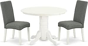 East West Furniture SHDR3-LWH-07 3 Piece Dining Table Set for Small Spaces Contains a Round Kitchen Table with Pedestal and 2 Gray Linen Fabric Parson Dining Chairs, 42x42 Inch, Linen White