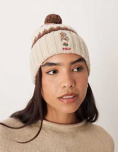 Polo Ralph Lauren Fairisle bear pom-pom beanie hat in cream | ASOS
