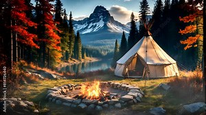 Traditional Native American Indian tent with campfire in the mountains