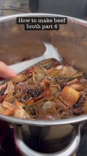 Step 4: The final product! How to make homemade beef stock. Beef stock recipe. Started by roasting the frozen bones… at 425° F for approx 1 hour …. Added roasted bones and frozen vegetable scraps to a stock pot and covered with water. Brought to a boil and then simmered for approximately 4 1/2 hours. Smells delicious.Taste tested, needed salt and pepper. It’s cooling now. Then I’ll strain it, put into bags and containers, and into the freezer for later use.I forgot to take a picture of the roast