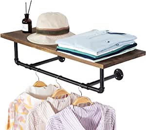 MyGift 31-Inch Industrial Garment Rack Wall Mounted Black Metal Pipe Hanging Clothing Rod and Brown Wood Storage Shelf