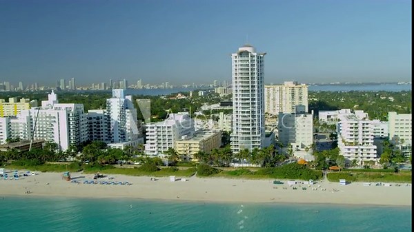 Aerial waterfront Landscape view of Art deco hotels and apartments Miami South Beach Florida