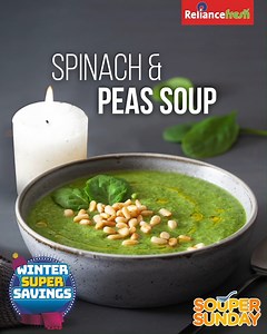 This #SouperSunday, we present Spinach and Peas Soup. Get the ingredients for this savoury treat at your nearest #RelianceFresh store. #WinterSuperSavings. A) Ingredients: -Fresh spinach leaves (palak) roughly chopped 2 bunches -Shelled green peas boiled 1 cup -Oil 1 teaspoon -Onion 1 medium -Salt to taste -White pepper powder 1/2 teaspoon -Vegetable stock 1 1/2 cup -Milk 1 1/2 cup B) Method: 1. Heat oil in a deep non stick pan. Chop onion, add and sauté. 2. Shred spinach and add and continue to