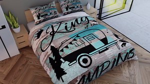 Feelyou Camping Comforter Set for Kids Boys Girls Wood Grain Comforter Twin Size King Print Bedding Set Bedroom Decor Happy Camping Duvet Set Quilt Set 2Pcs