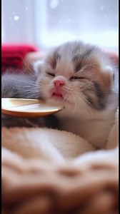 Watch three adorable newborn Persian mix kittens with fluffy cream and gray fur take their first delicate sips of milk Nestled in a soft knit basket surrounded by a serene winter wonderland outside the frosted window these tiny furballs are the picture of cuteness See their sleepy blinks tiny mouths and whiskers as they gently nurse from a warm spoon creating the most heartwarming scene A soft lullaby and the faint sound of snowfall complete this tranquil and nurturing winter moment This content
